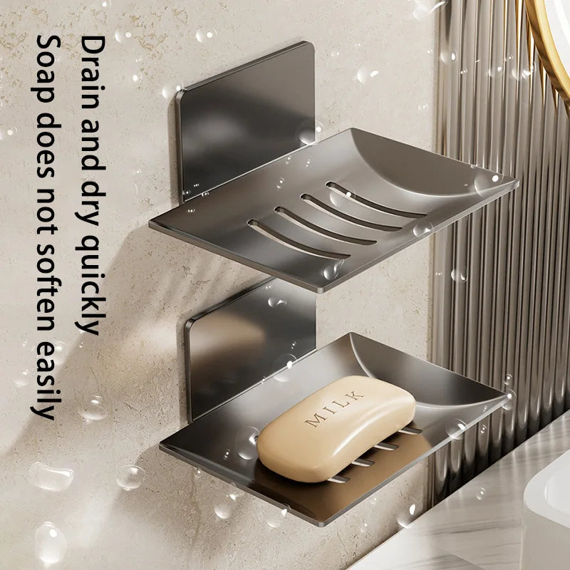 Minimalist wall-mounted black soap bar holder with drainage